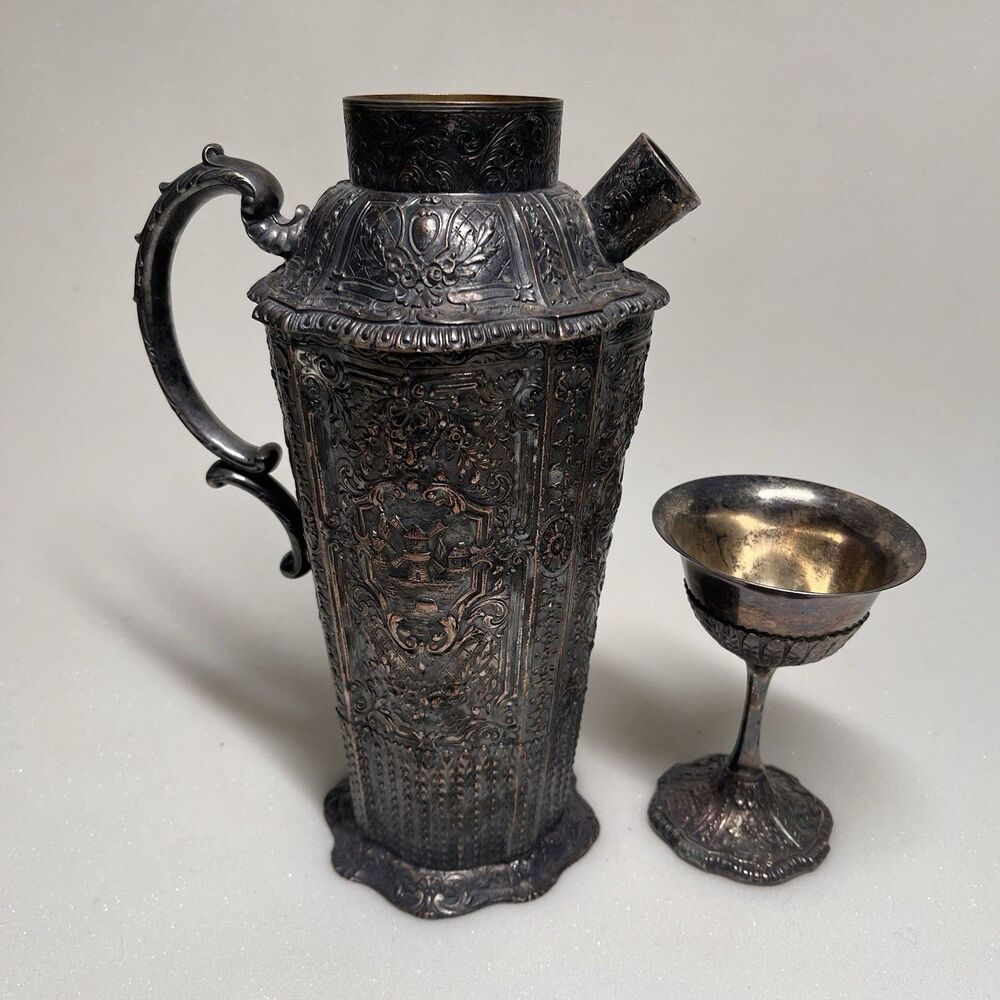 Antique E.G. Webster & Sons Silver Plated Cocktail Shaker & Cup Dutch Repousse